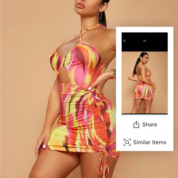 SHEIN SXY Brush Print Backless Cut Out Drawstring Side Halter Dress - Picture 3 of 6